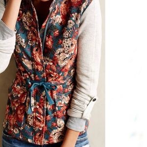 Anthropologie Floral French Terry Zip Up Tie Waist Sweatshirt